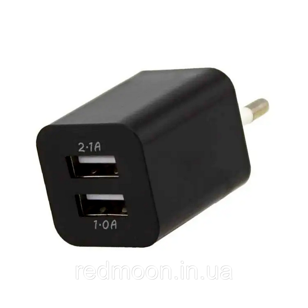 Блок живлення 2хUSB (2,1А, 1А), AR-2100, Чорний / Адаптер кубик USB від мережі / Блочок для зарядки