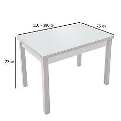 Білий кухонний розкладний стіл Марсель 110-180х75 см зі скляною стільницею на дерев'яних ніжках
