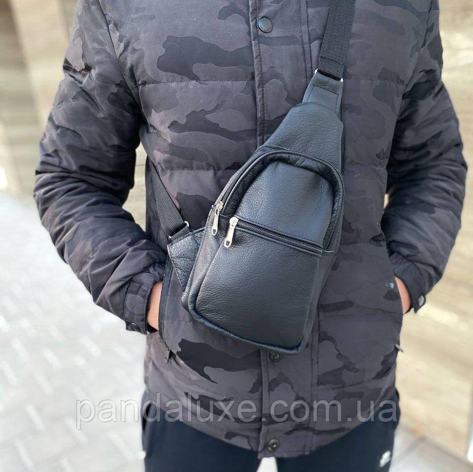 Сумка слінг нагрудна чоловіча барсетка через плече шкіряна чорна