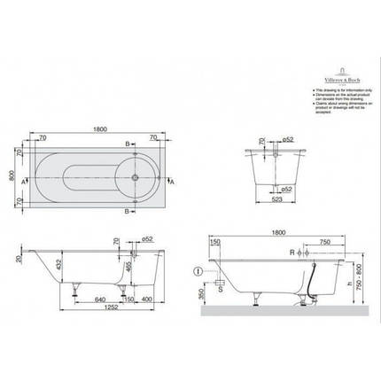 Ванна VILLEROY&BOCH LIBRA 180*80см + ніжки BQ180LIB2V-01, фото 2