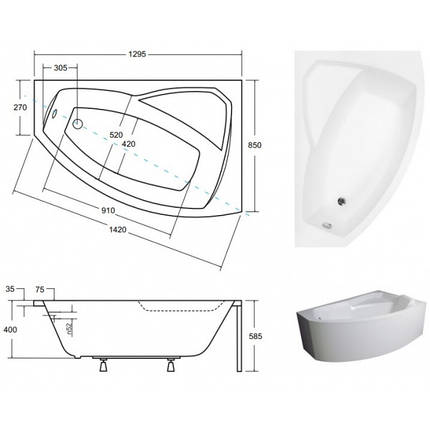 Ванна акрилова BESCO Rima 130х85 правостороння NAVARA05390, фото 2