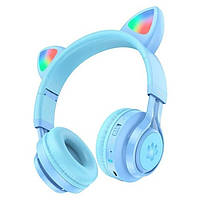 Беспроводные наушники Hoco W39 Cat ear kids c LED подсветкой голубой