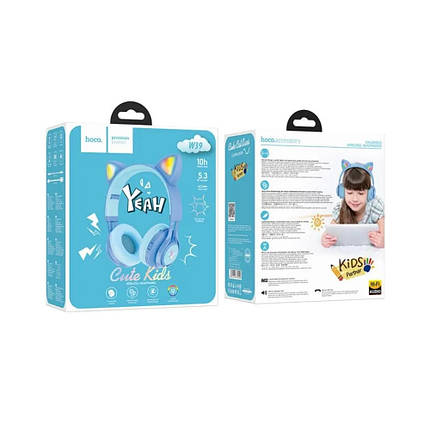 Бездротові навушники Hoco W39 Cat ear kids з LED-підсвіткою блакитний, фото 3