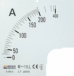 Шкала 200/5А для амперметра А-96-6, аналогова, для AC, нова