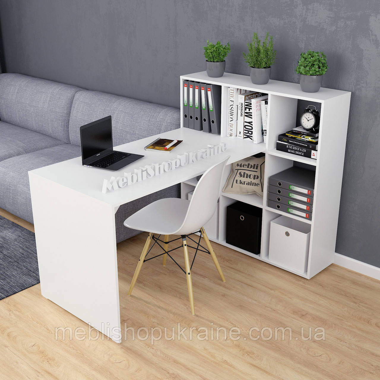 Письмовий стіл з полицями. Комплект 2в1: Стелаж 3х3 + Стіл приставний. Стіл трансформер, фото 1