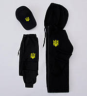 Спортивный костюм мужской + Кепка весенний осенний с гербом Украины черный Кофта + Штаны + Бейсболка