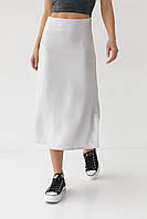 Атласная юбка миди с боковым разрезом - серый цвет, 38р (есть размеры) 42