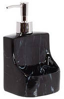 Дозатор для мийного засобу "Black Marble" 400 мл, 9.8х9.5х18 см із підставкою для губки, чорний мармур