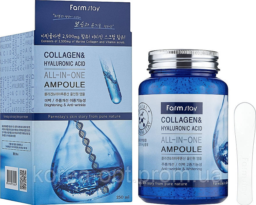 Ампульная сыворотка с коллагеном и гиал. к-той FarmStay Collagen & Hyaluronic Acid All-In-One Ampoule 250ml - фото 1 - id-p1817602208