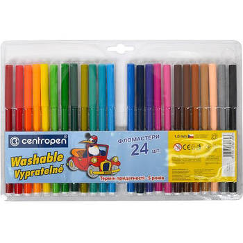 Набір яскравих фломастерів з 24 кольорів у коробці з європідвісом Centropen Washable в упаковці 24 шт