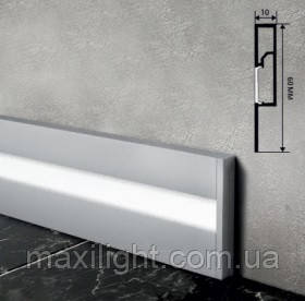 Алюмінієвий ПЛІНТУС (профіль під LED стрічку) BIOM PLP-601 (60х10 мм) анодований + прозорий розсіювач, фото 1