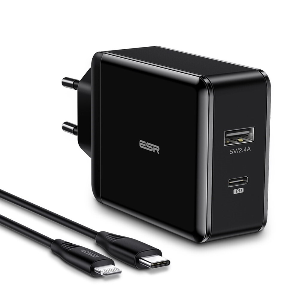Зарядний пристрій ESR PD Charger 30W USB-C + USB Black с Type-C - Lightning кабелем MFI, фото 1