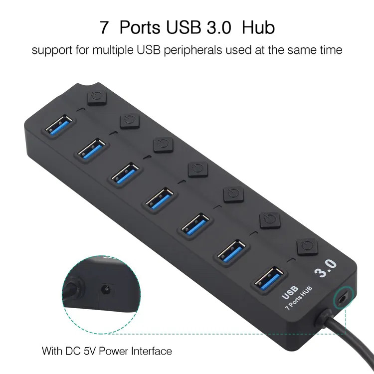 Uni Cafe USB Hub 3.0 High Speed 7 Port USB 3.0 Hub Splitter On/Off Switch з адаптером живлення