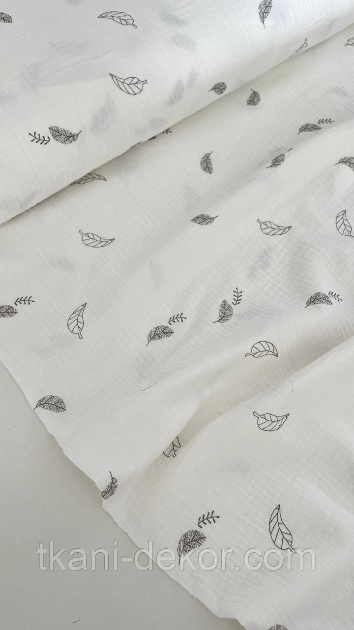Муслін (жатка 1,35 м) сіри листочки на молочному(0,60*1,35), фото 1