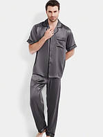 Мужская пижама атласная шелковая темно серая с коротким рукавом (размер S - XXXL 42-56)