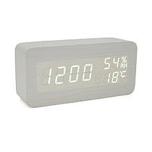 Електронний годинник VST-862S Wooden (White), з датчиком температури та вологості, будильник, живлення від