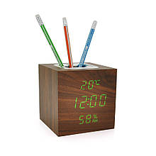 Електронний годинник VST-878S Wooden (Brown), з датчиком температури та вологості, будильник, живлення від