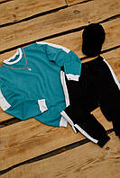 Спортивный стильный качественный костюм с лампасом, Костюм свитшот голубой штаны черный и кепка на лето весна