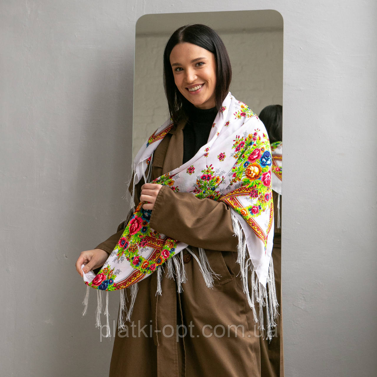 Хустка вовняна з бахромою 96х96 см. (Туреччина) білий+жовтий