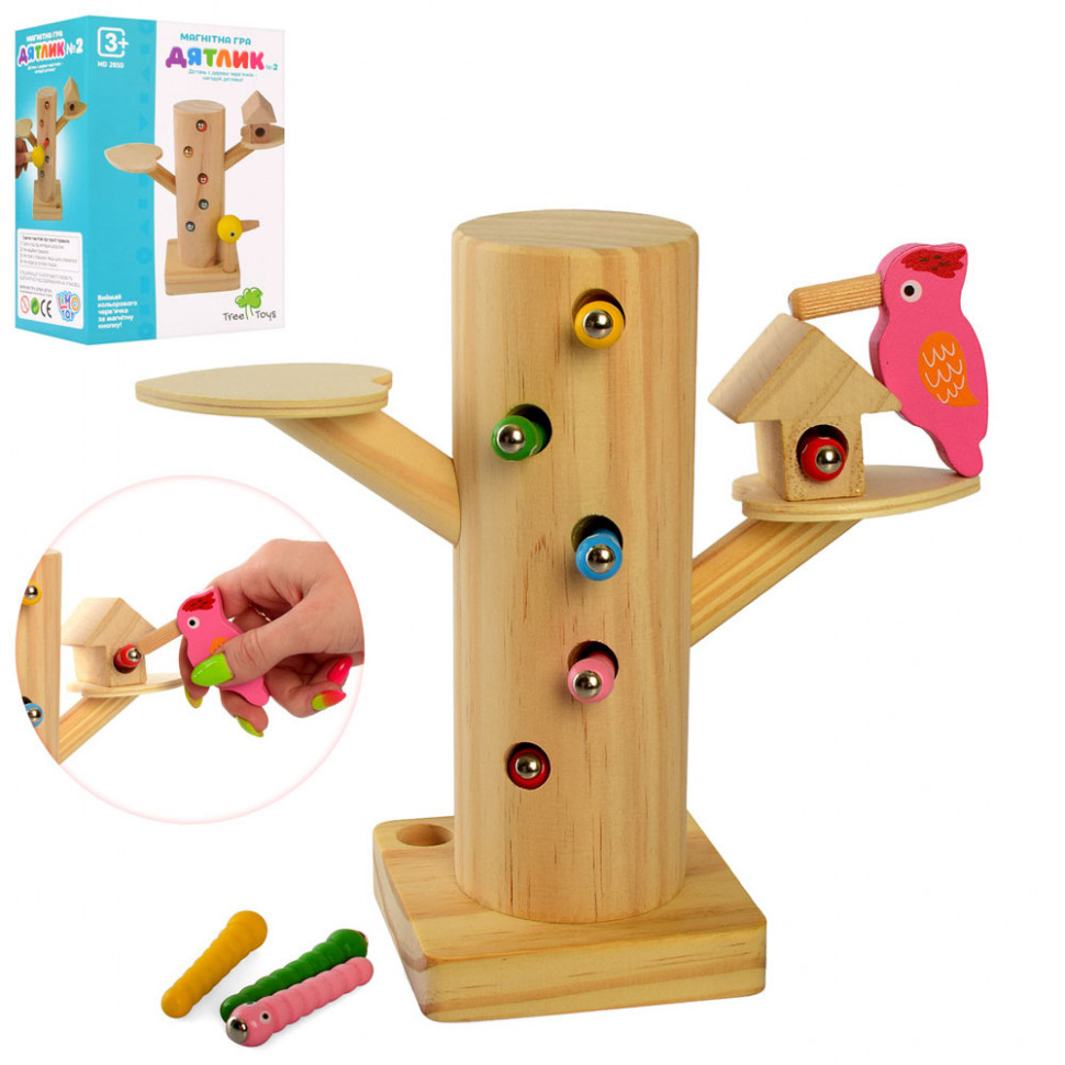 Дерев'яна магнітна гра mebelime mebelime MD 2850 Дятел, пеньок, гусениці, фото 1