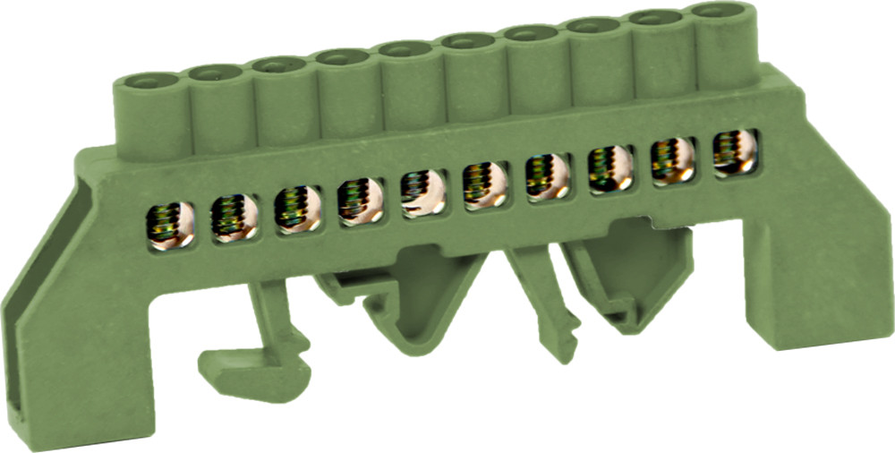 Шина нульова E.NEXT 10 отворів в ізольованому корпусі зелена для DIN-рейки