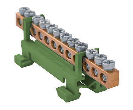Шина нульова E.NEXT 12 отворів з ізоляцією, зелена, для DIN-рейки, фото 1