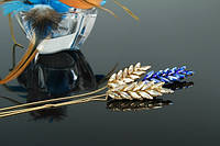 Брошь тройная с кристаллами желтая и синяя "Колосок" Брошка с цепочкой Брошка в украинском стиле Ручная работа
