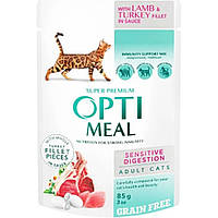 Optimeal (Оптимил) пауч для кошек беззерновой чувств.пищеварение ягненок индейка 85гр*12шт.