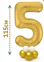Фольгована цифра 5 золото на стійці-підставці з повітряних куль