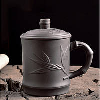 Чашка-заварник для чаю з кришкою глиняна Листя бамбука чорна 300 мл. Кухоль заварювальний з ісиній глини