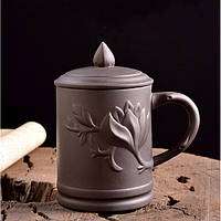 Чашка для чаю коричнева з кришкою глиняна Саутайо 300 мл. Кухоль заварювальний з ісиній глини