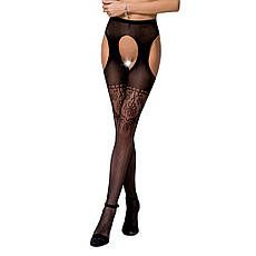 Колготки-бодистокінги з відкритим доступом Passion S017 One Size, Black, імітація панчіх і пояса