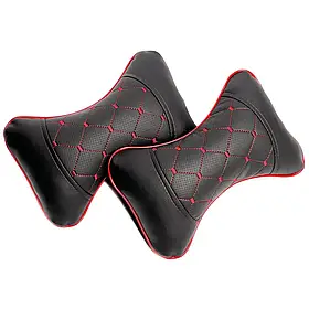 Автомобільна подушка на підголівник (2 шт.) екошкіра чорна + ромб червоний