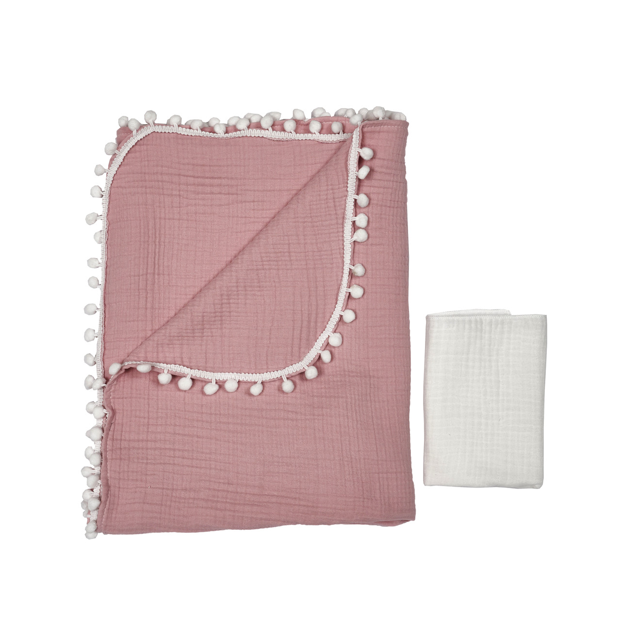 Плед Twins мусліновий 100х100 4-шаровий із помпонами + есалетка, powder pink, пудра, фото 1