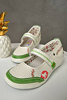 Туфли детские девочка белого цвета с зеленой вставкой 32