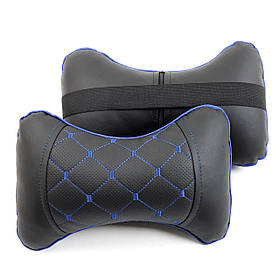 Автомобільна подушка на підголівник (2 шт.) екошкіра чорна + ромб синій