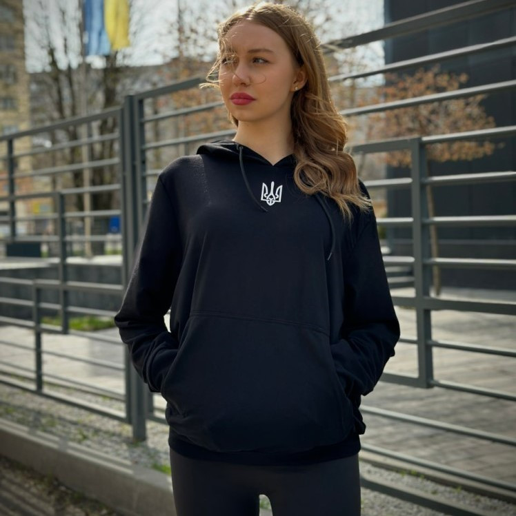 Жіноча спортивна кофта з Гербом, худі з Гербом Тризубець України літо, толстовка Герб чорна, фото 1