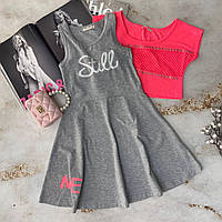 Комплект для девочки топ Малиновый + Серое платье Лето 11822 Breeze, Серо-Розовый, Девочка, Лето, 128 см