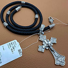 Комплект хрестик з шовковим шнурком зі срібними вставками срібло чорнене 925 проби