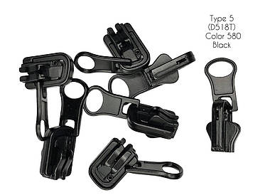 Перекидний бігунок для тракторної блискавки тип 5 з фіксатором(D518T), Чорний