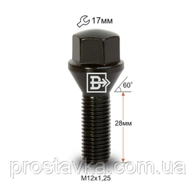 Болт C17B28 B-Cr M12X1,25X28 Чорний Хром Конус із виступом ключ 17 мм, фото 1