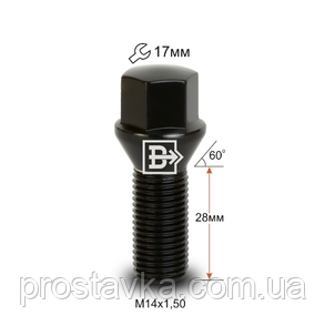 Болт C17D28 B-Cr M14X1,50X28 Чорний Хром Конус із виступом ключ 17 мм