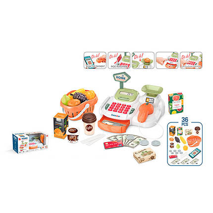 668-116 Іграшковий касовий апарат, сканер, продукти, ваги, купюри, монети, музика, світло, фото 1