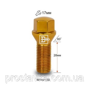 Болт C17D28 G-Cr M14X1,50X28 Золотий Хром Конус із виступом ключ 17 мм, фото 1