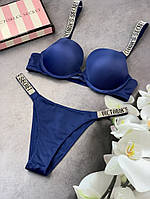 Комплект женский Белье Victoria s Secret Model Rhinestone двойка топ +трусики Синий Виктория Сикрет Push-UP