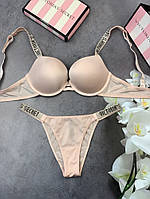 Комплект женский Victoria s Secret Model Rhinestone двойка Розовый Виктория Сикрет ЛЮКС Трусики + Топ Белье XL