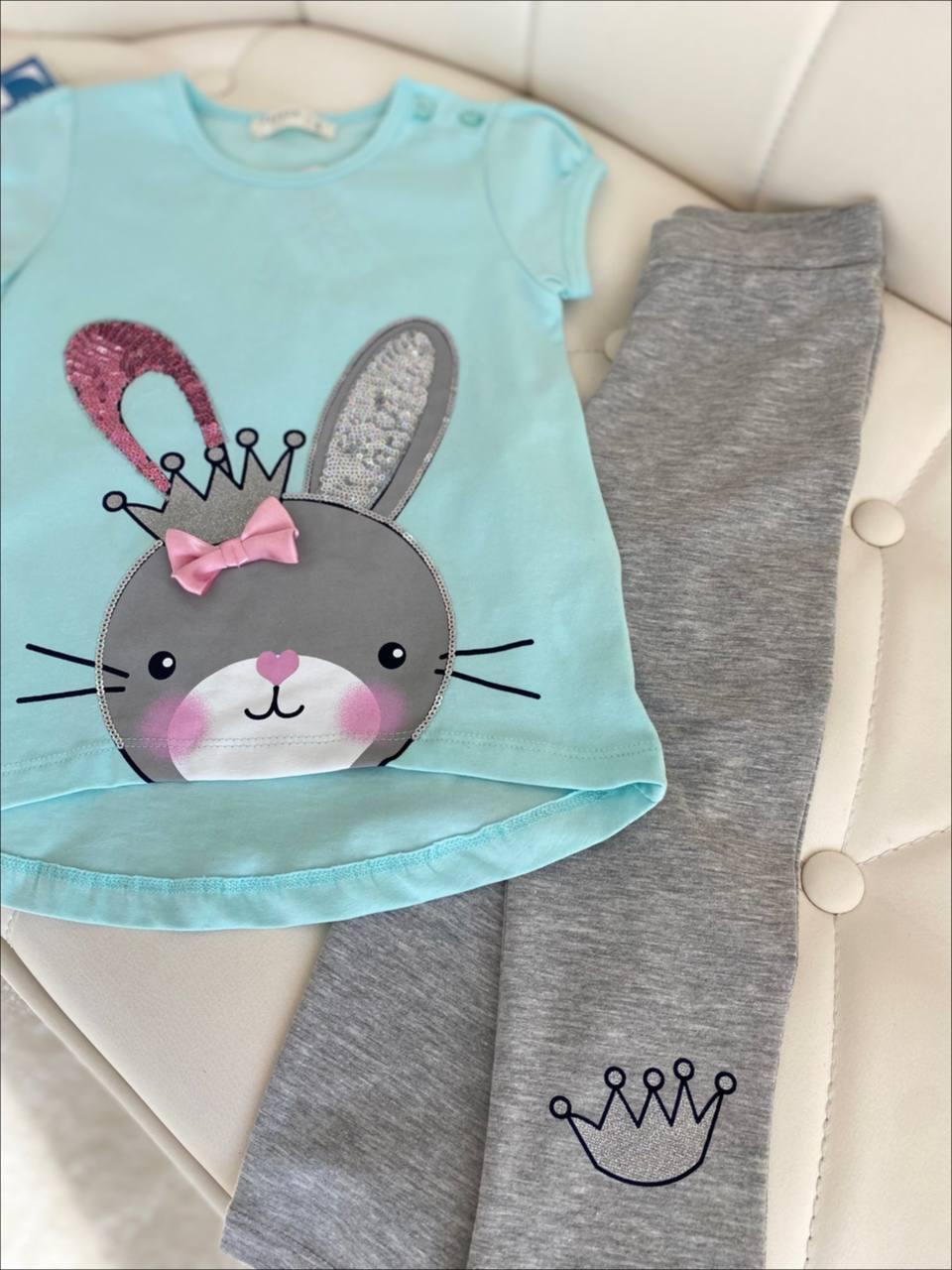 Костюм для дівчинки 2-а футболка з зайчиком Бірюза + лосини Сірі 11887 Breeze, Зелёный, Девочка, Лето, 92 см, фото 1