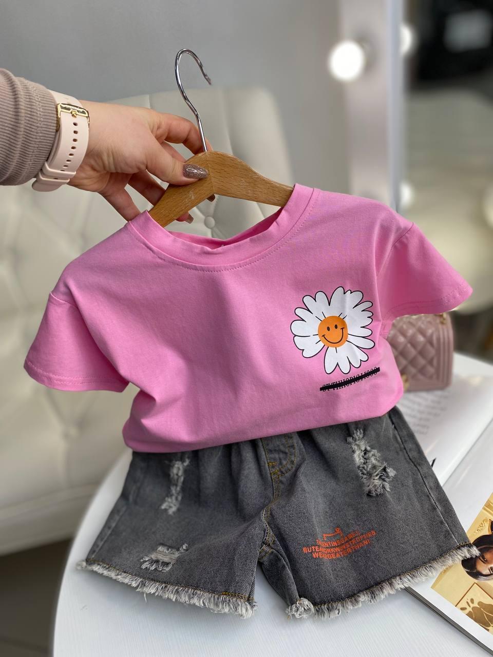Костюм 2-а шорти + футболка з ромашкою Рожева А-332, 90, Рожевий, Для дівчаток, Літо, 140, фото 1
