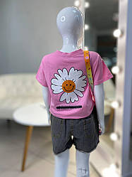 Костюм рожева футболка з ромашкою, джинсові шорти A332 AEBai, Рожевий, Дівчинка, Літо, 110 150