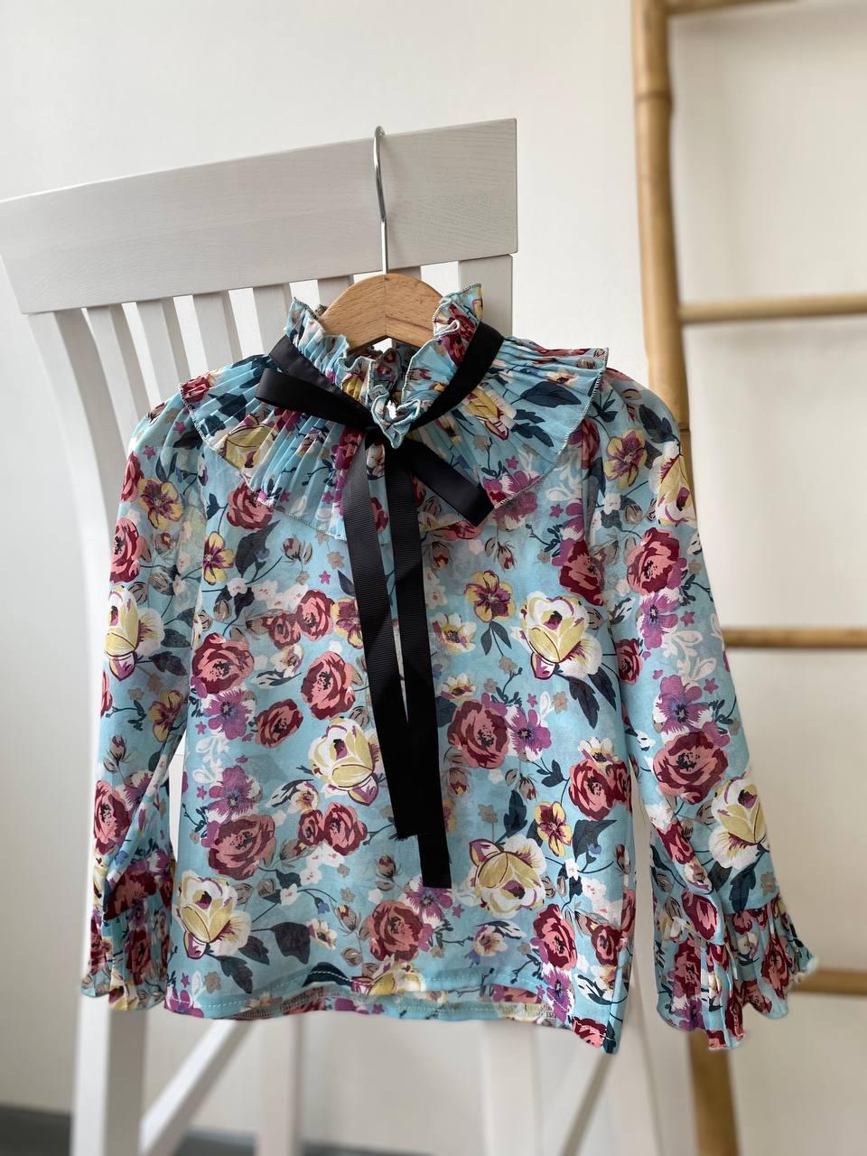 Блузка на дівчинку з квітами Блакитна 9351, BYT, Блакитна, Для дівчаток, Літо, 104, фото 1